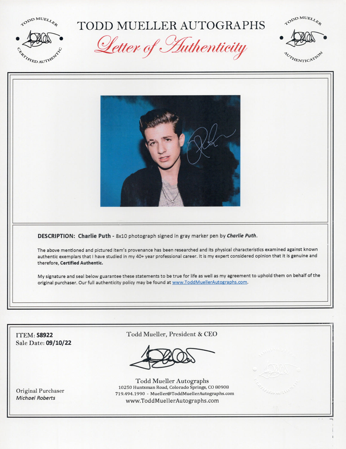 Charlie Puth Autograph 8X10 Photo PSADNA COA - Premium Autographs from Autographspace - Just $120.00! Shop now at Autographspace