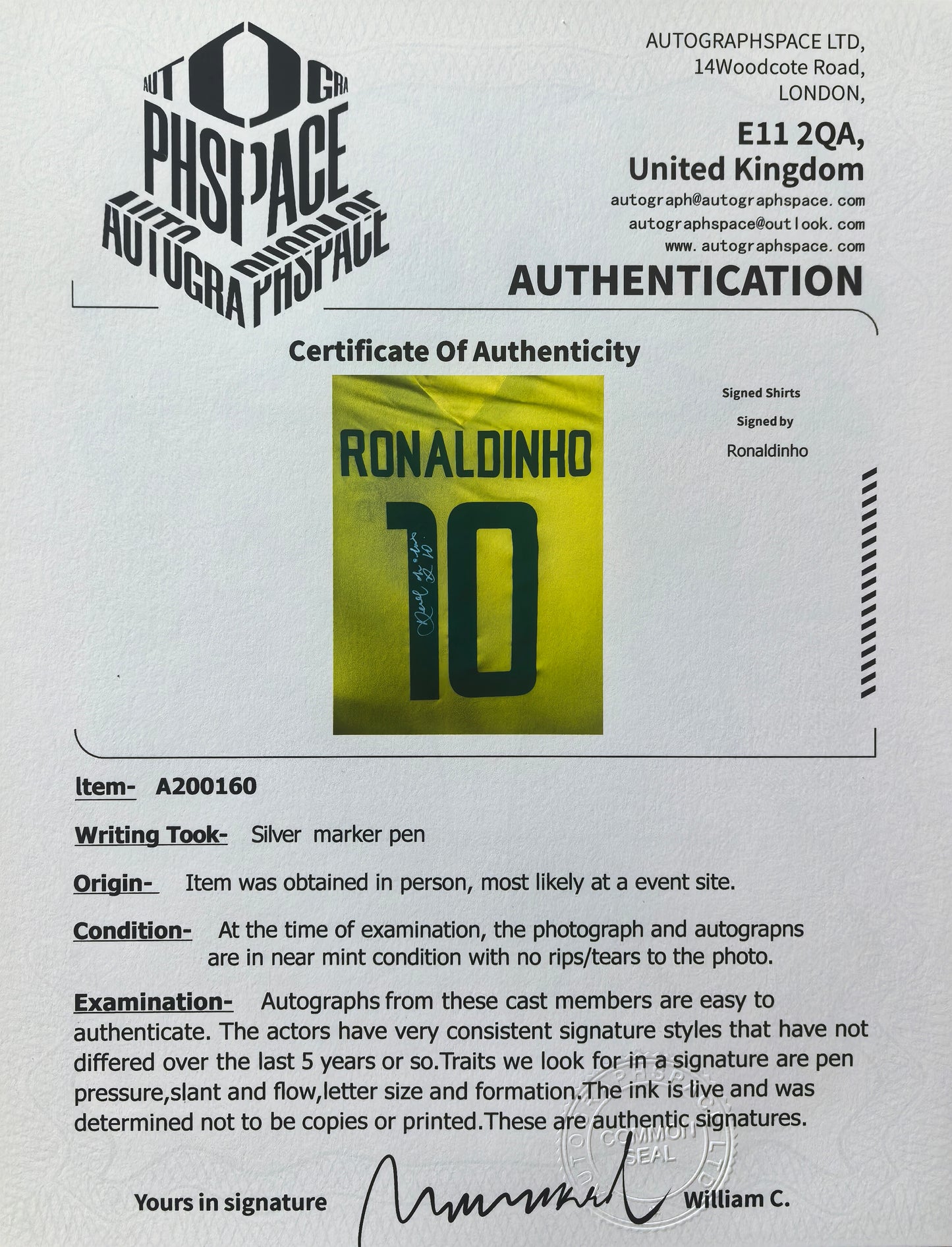 Ronaldinho signed shirt COA AUTOGRAPHSPACE