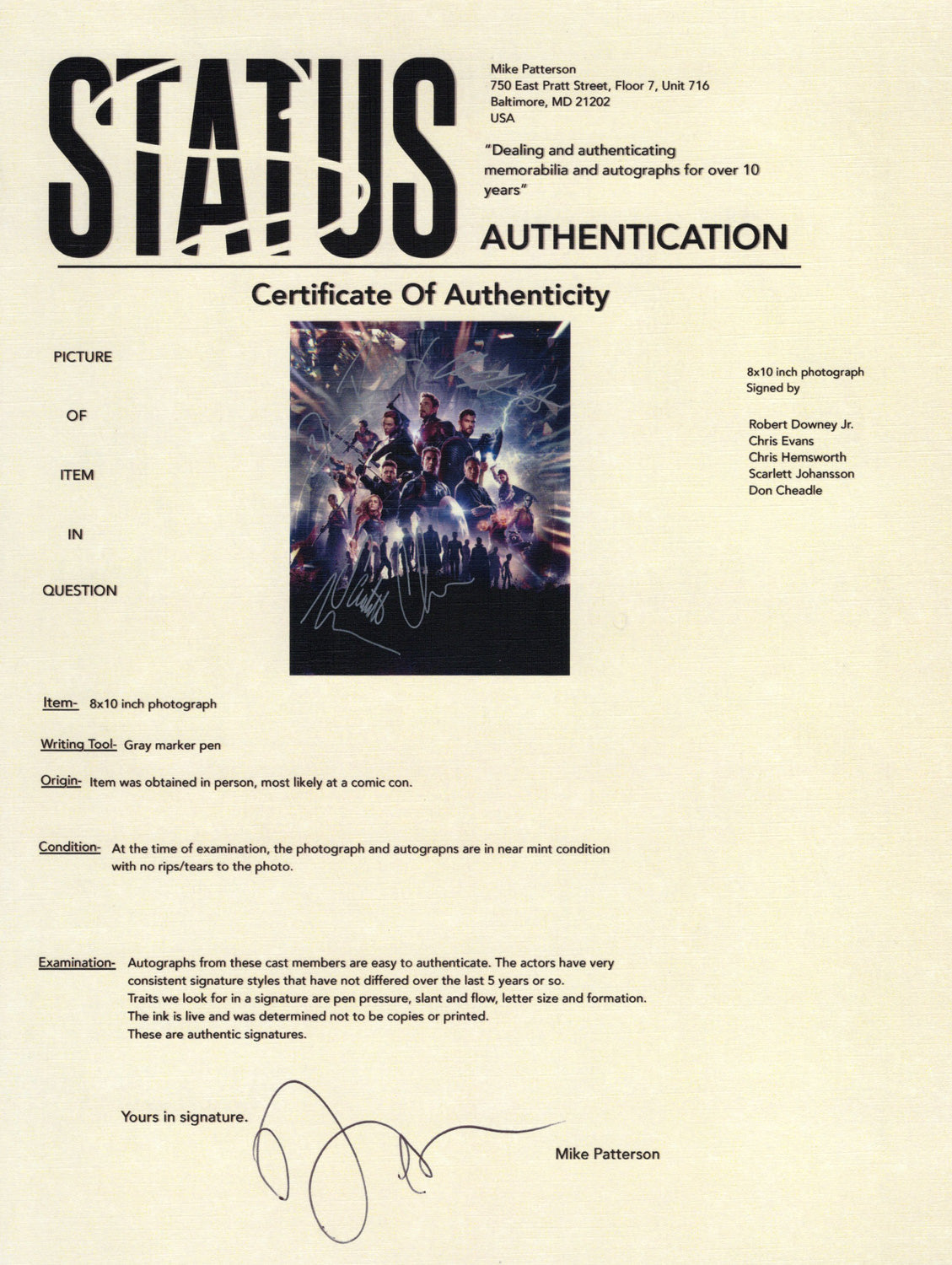 Robert Downey Jr.&Chris Evans&Chris Hemsworth&Scarlett Johansson&Don Cheadle Autograph 8X10 Photo PSADNA COA - Premium Autograph from Autograph - Just $800.00! Shop now at Autographspace